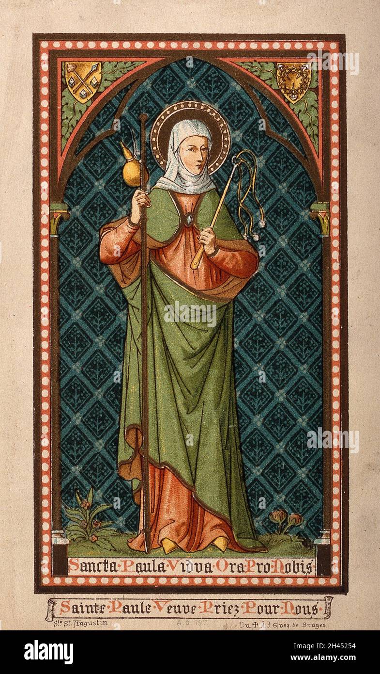 Saint Paula. Colour lithograph. Stock Photo