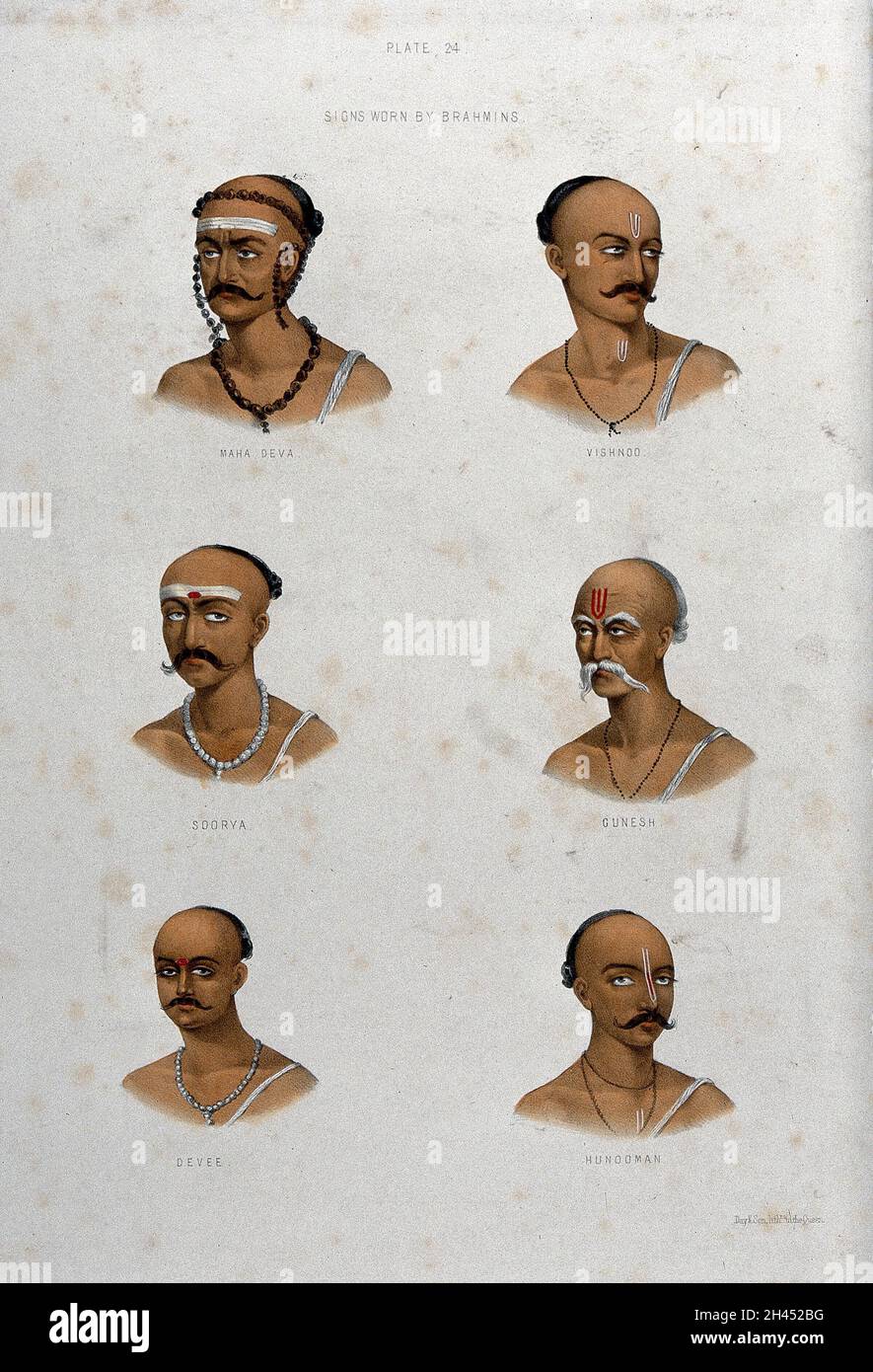 Signs worn by Brahmins. Lithograph. Stock Photo