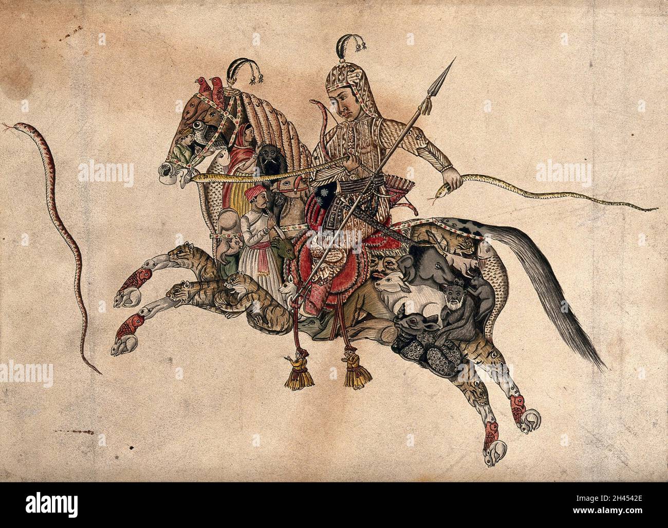 A warrior wearing armour riding on a mythical creature in the shape of ...