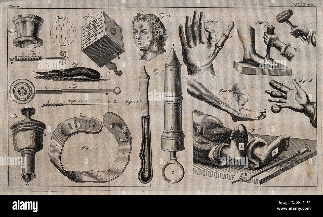 Surgical instruments. Engraving with etching Stock Photo Alamy