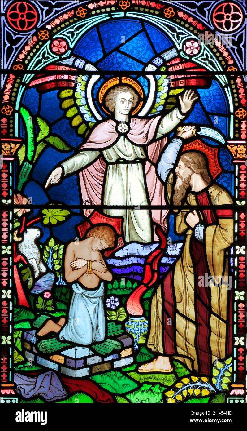 Abraham, son Isaac, Angel, ram, Old Hunstanton, detail of stained glass window, by Frederick Preedy, 1867, commemorating Sir Henry Styleman Le Strange Stock Photo