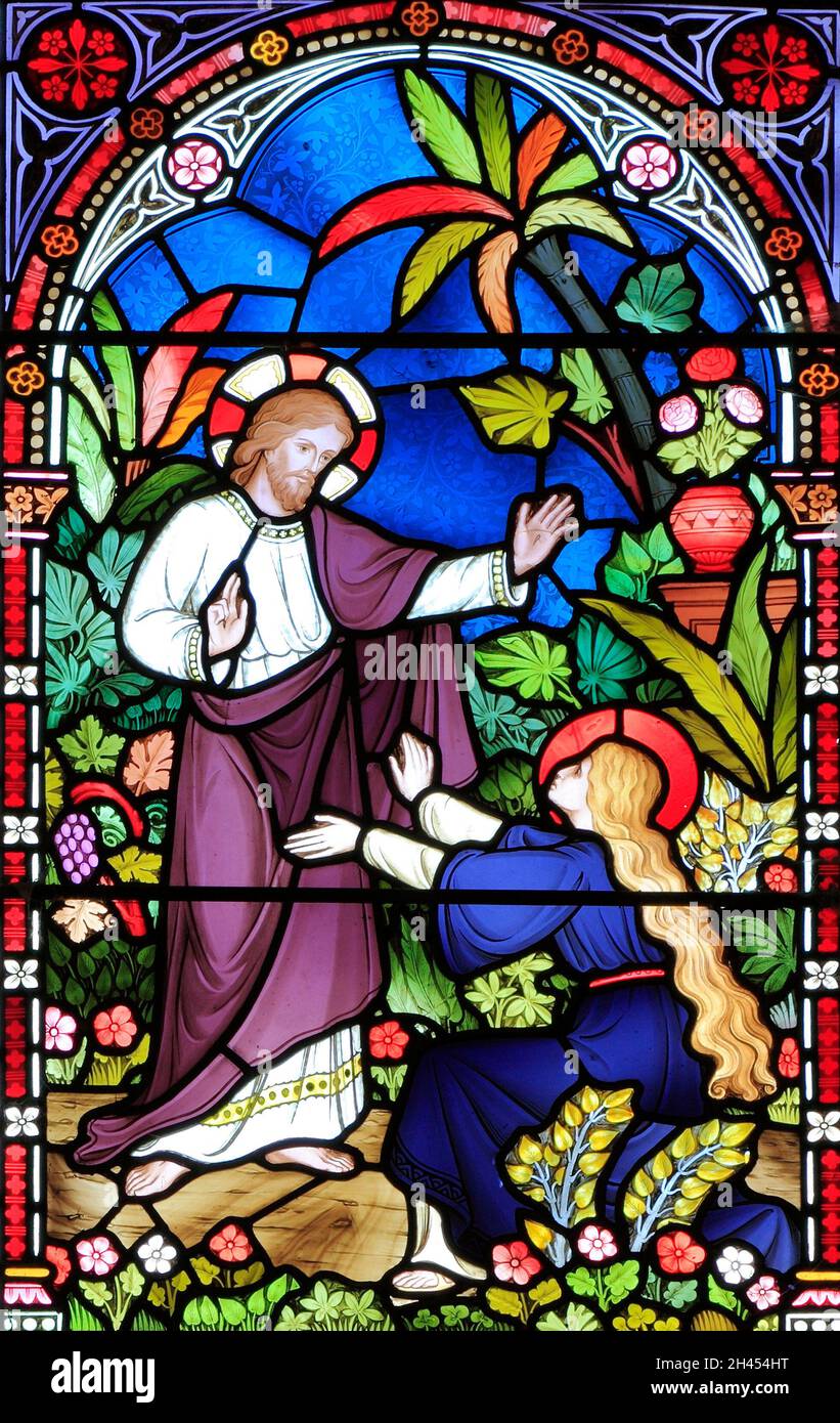 Jesus appears to Mary Magdalene, in the garden outside the tomb, Old Hunstanton, detail of stained glass window, by Frederick Preedy, 1867, Norfolk Stock Photo