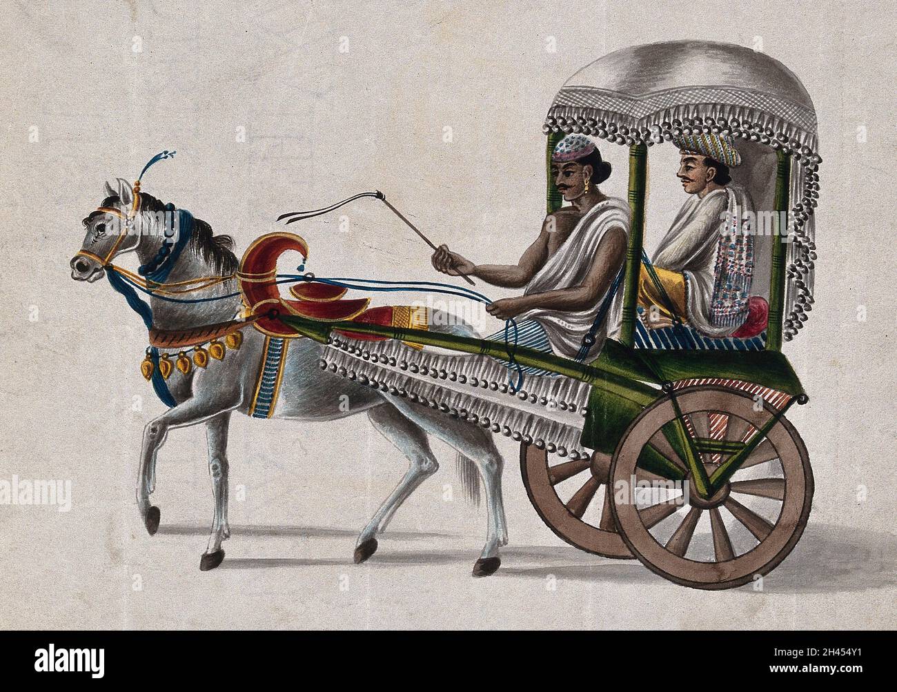 An Indian zamindar travelling in a small covered carriage pulled by a horse. Gouache painting by an Indian artist. Stock Photo