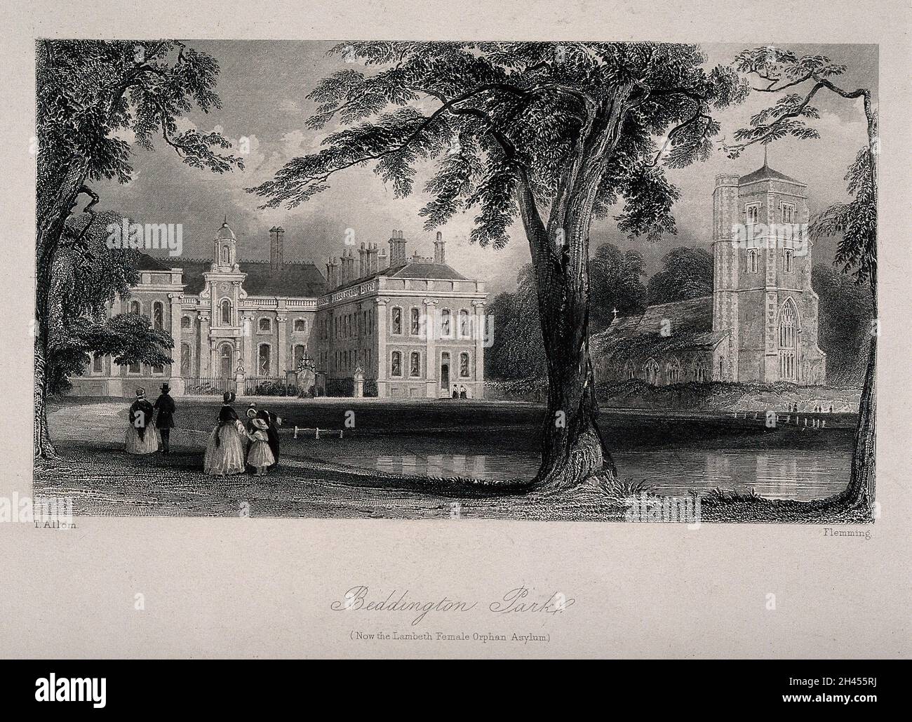 Lambeth Female Orphan Asylum (formerly Beddington Park): view of the grounds. Etching by Flemming after T. Allom. Stock Photo