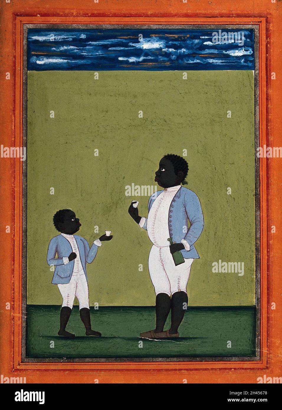 Two black domestic servants in European dress. Gouache painting by an Indian artist. Stock Photo