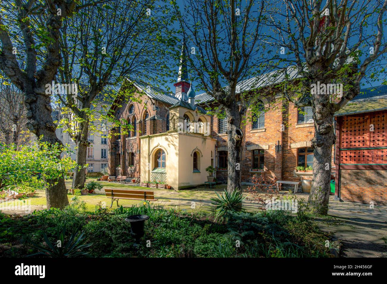 Paris, France - March 29, 2021: Church of Saint Serge de Radonège is an orthodox church placed in the 19th arrondissement in Paris Stock Photo