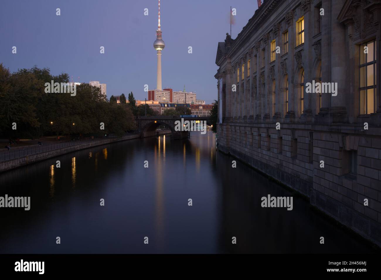 Berlin at Night during The Blue Hour With A Beautiful View From The Museum Island On The Spree Towards The Reichstag Building. Stock Photo