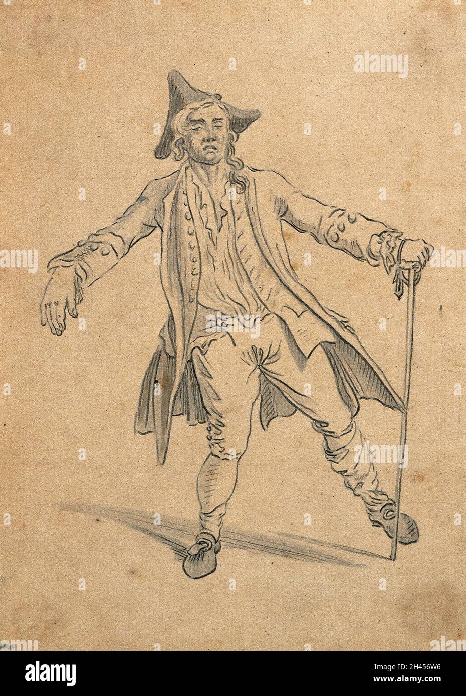 A man walking with the posture of a drunkard. Drawing with wash, c. 1789. Stock Photo
