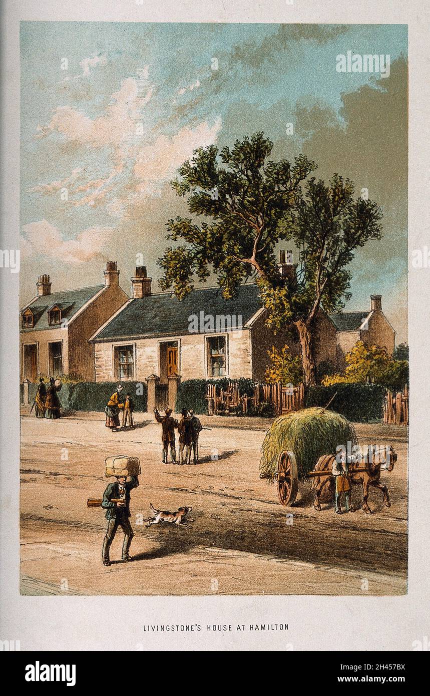 David Livingstone's house at Hamilton, Scotland. Coloured lithograph