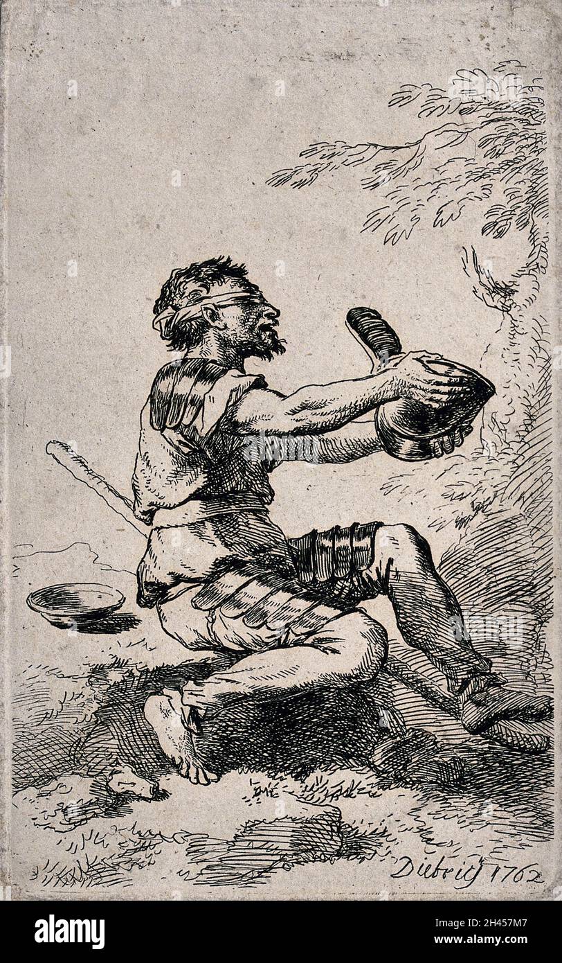 An old man with a blindfold and wearing parts of armour on his arms and