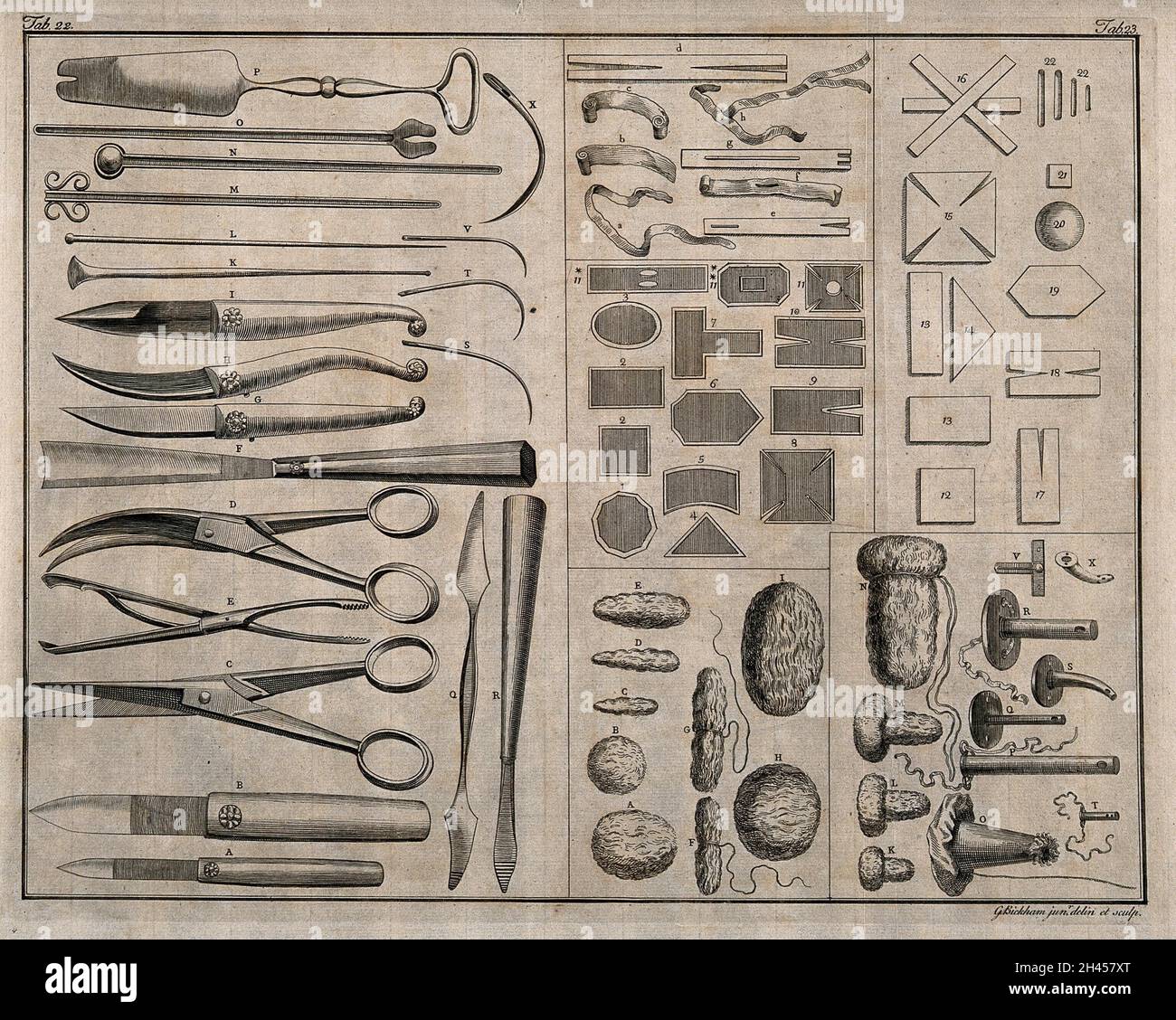 Surgical instruments, including needles and scalpels. Engraving with