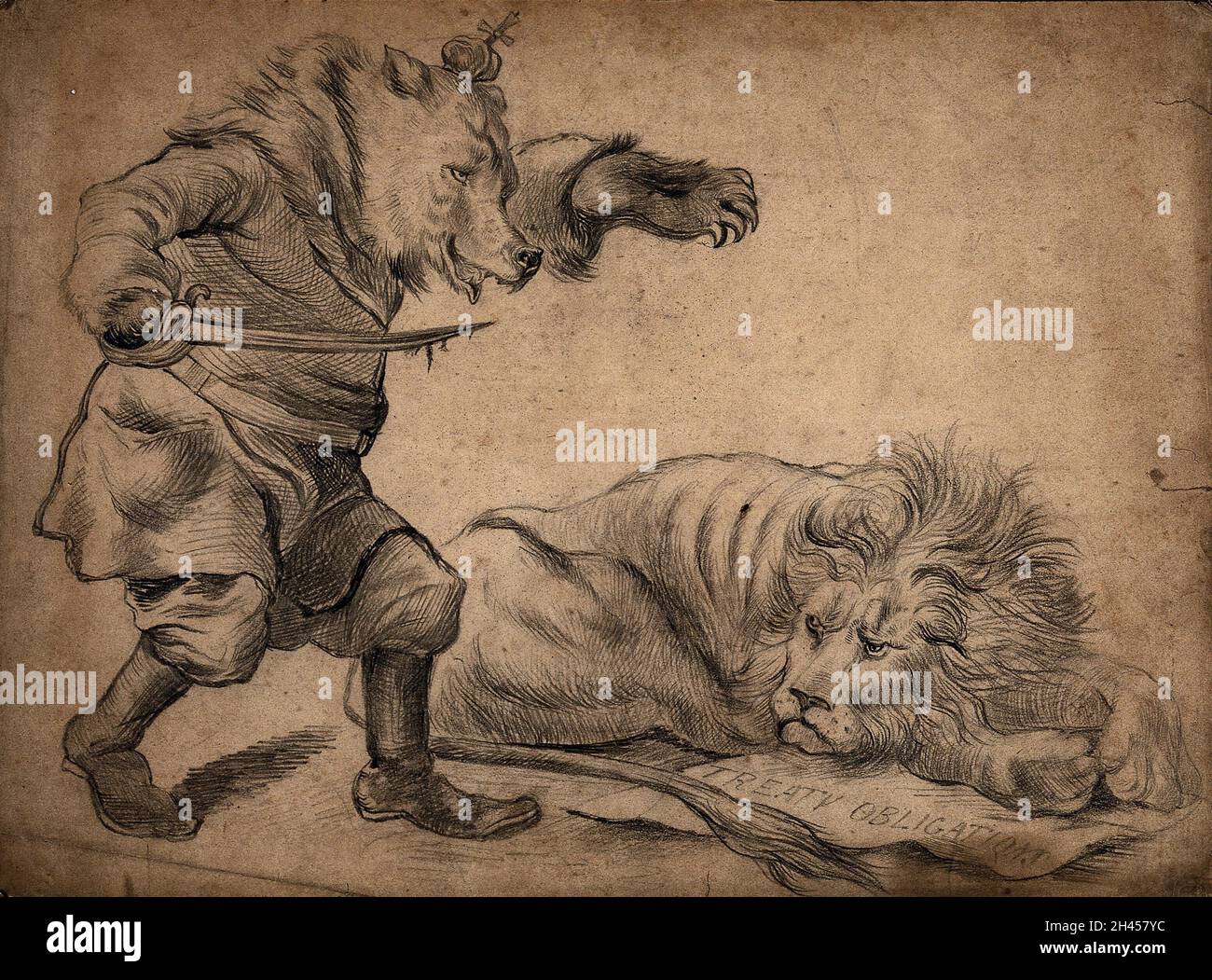 A bear wearing a crown and holding a sword is about to attack a lion ...