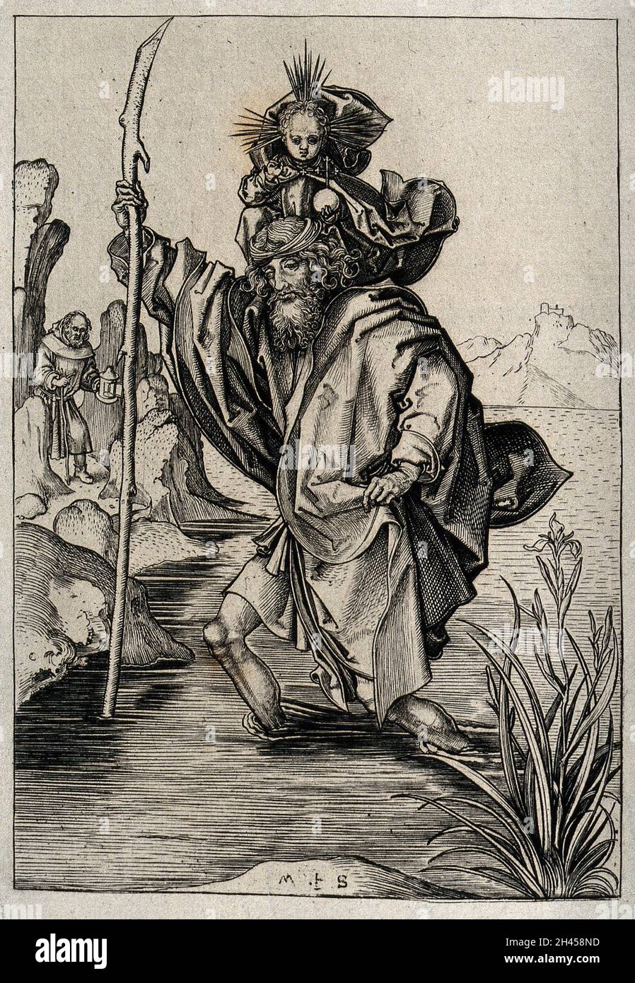 Saint Christopher. Line engraving by M. Schongauer Stock Photo - Alamy
