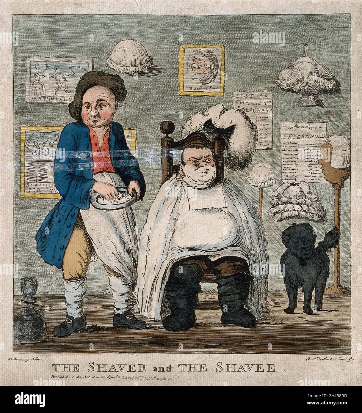 A barber getting ready to shave the face of a seated customer. Coloured