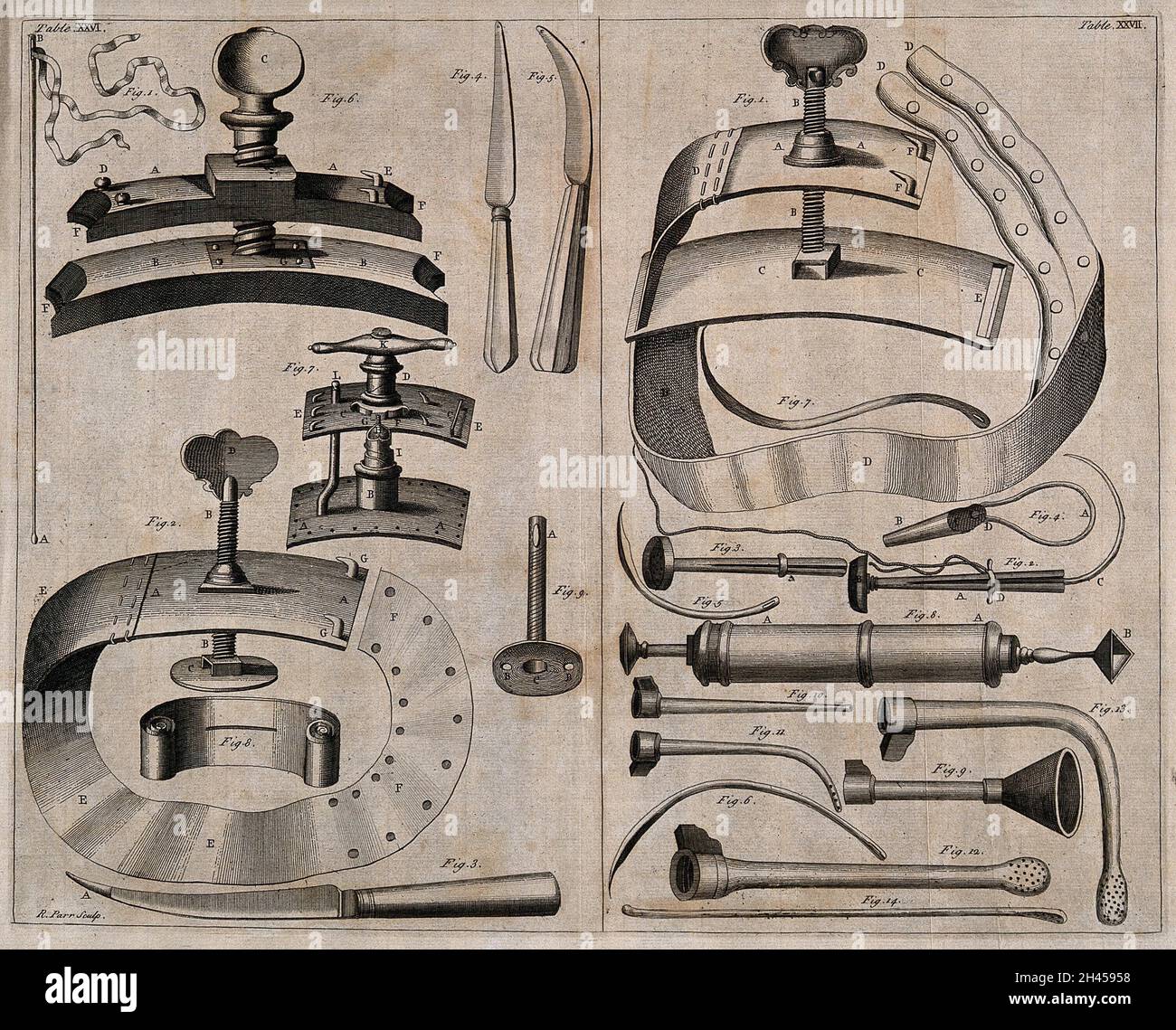 Surgical instruments. Engraving with etching by R. Parr Stock Photo Alamy