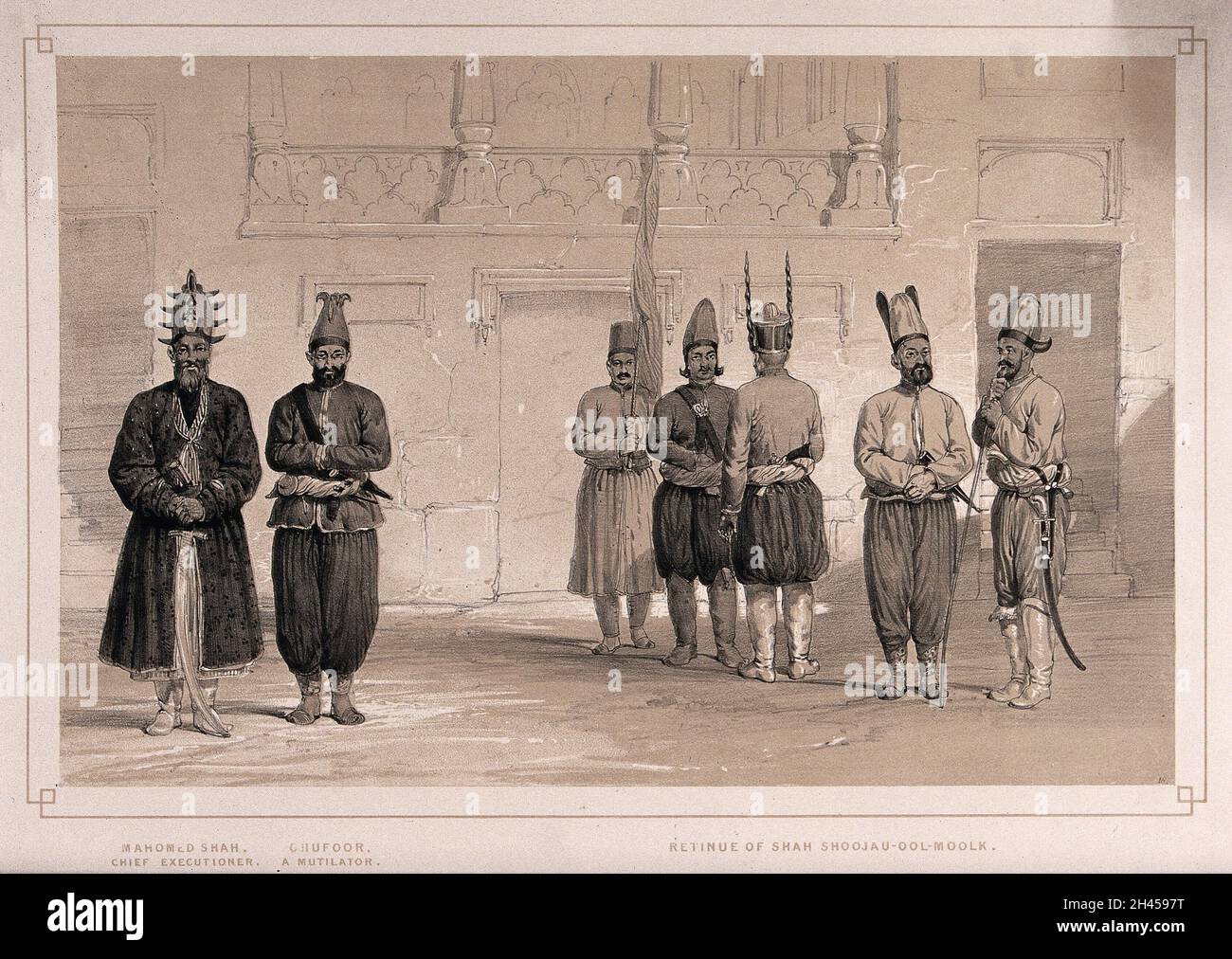Afghanistan: the retinue of Shah Shoojau-Ool-Moolk, including his Chief Executioner and a Mutilator. Lithograph by L. Haghe after L.W. Hart, 1843. Stock Photo