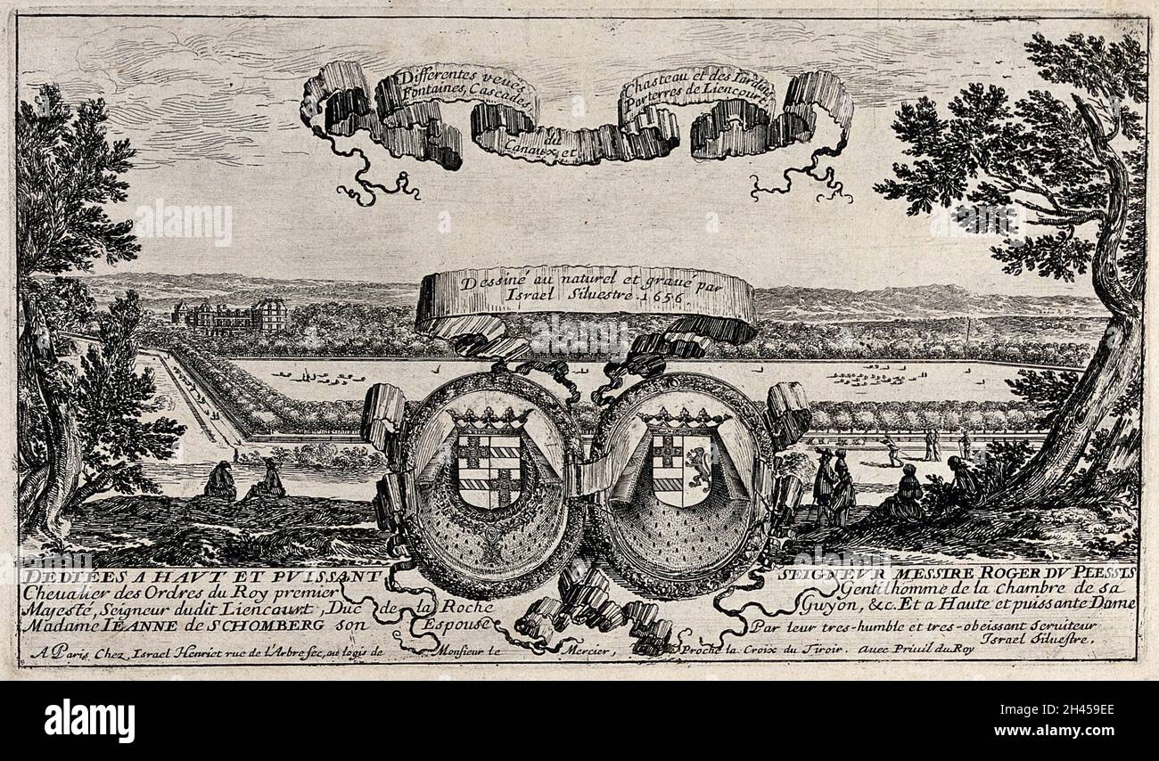 The coats of arms of Roger du Plessis and Jeanne de Schomberg and scrolls before a panorama of Liancourt. Etching by I. Silvestre. Stock Photo