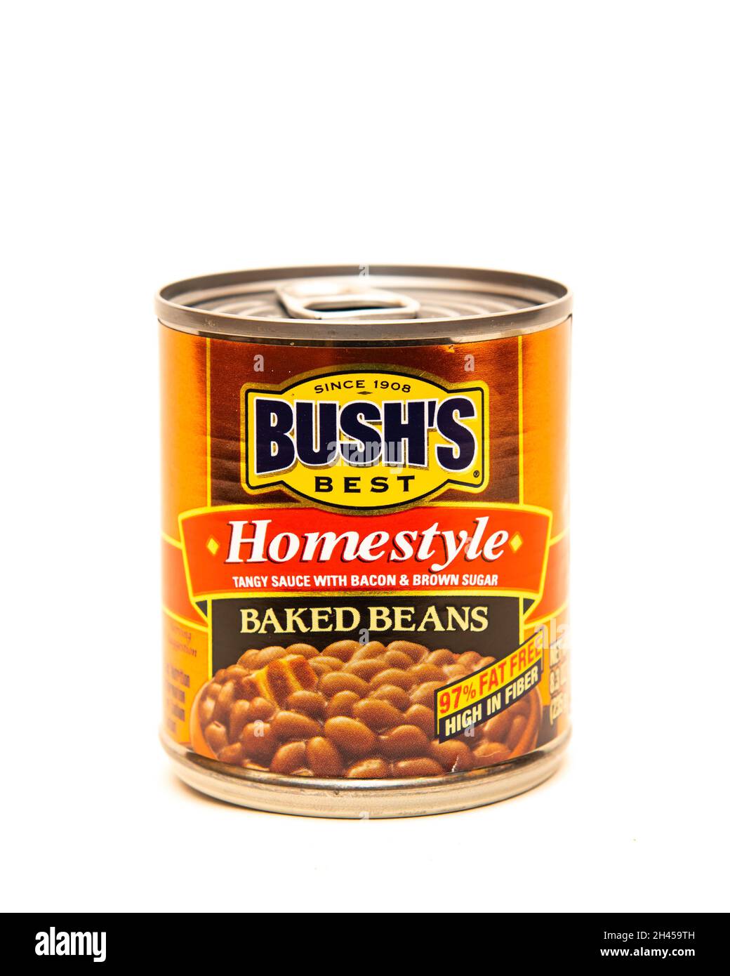 A can of Bush's best homestyle baked beans, made with tangy sauce with bacon and brown sugar. Stock Photo