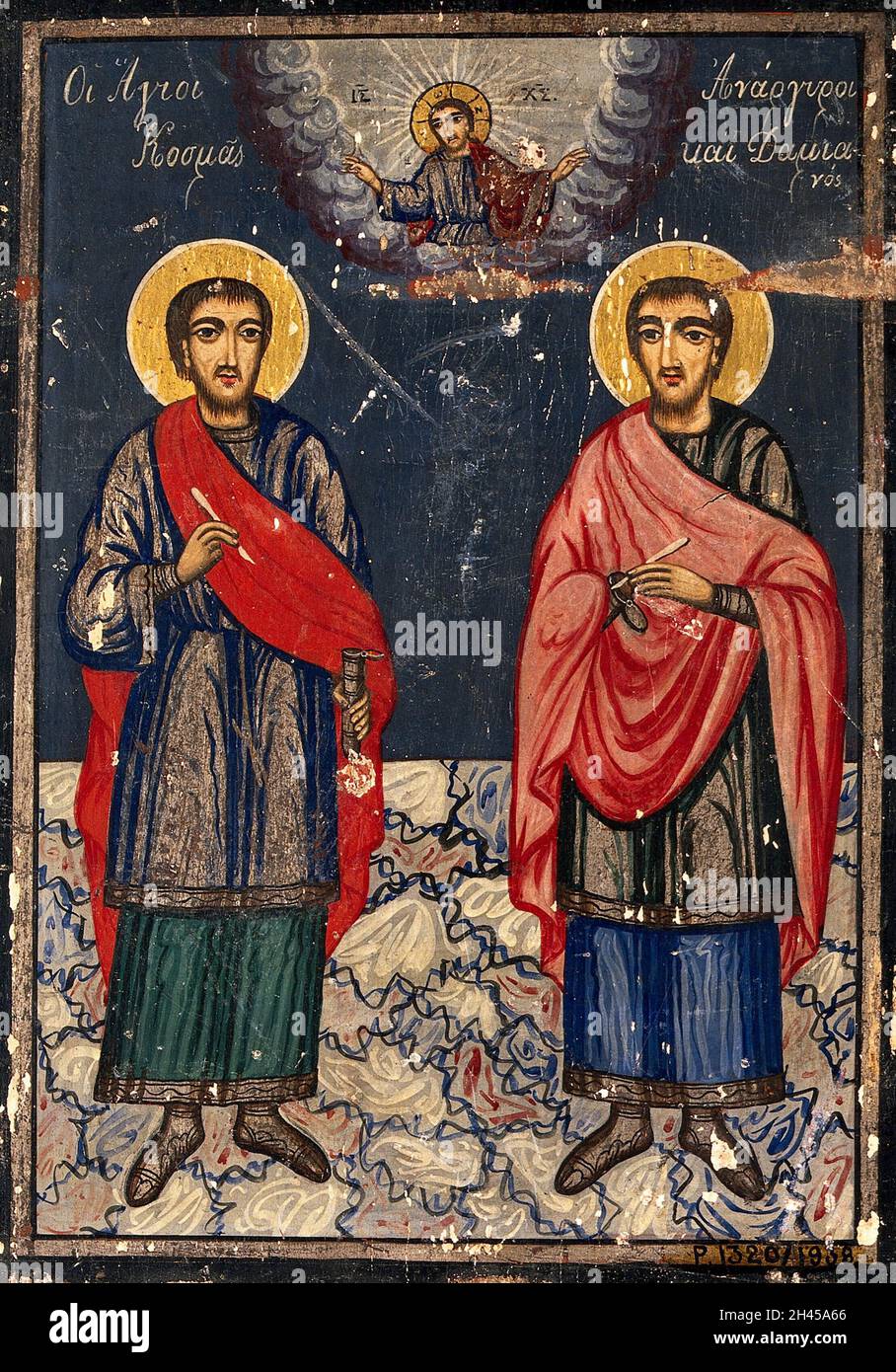 Saint Cosmas and Saint Damian. Tempera painting by a Greek painter