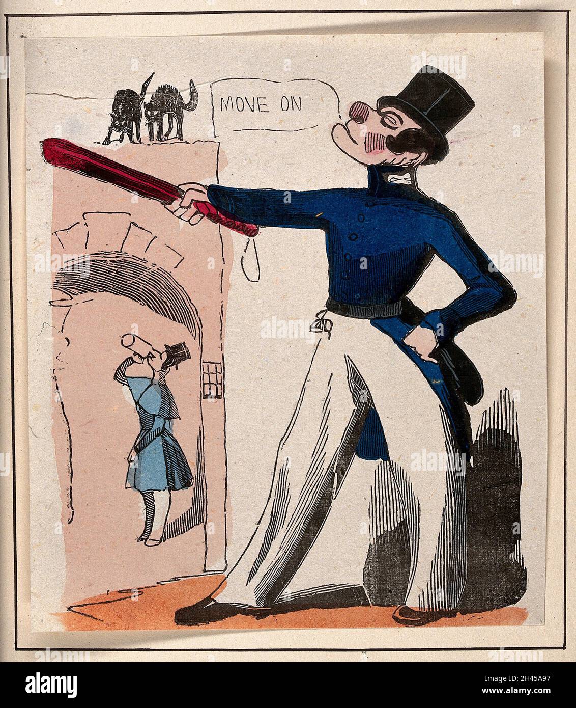 A man in a policeman's uniform is pointing with a large truncheon at a man with a tankard under the arch, two black cats on the wall look startled. Coloured process print. Stock Photo