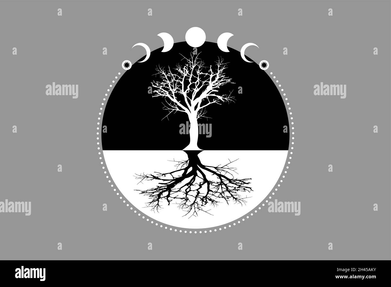 Mystical Moon Phases, tree of life, Sacred geometry. Tree and roots. Triple moon pagan Wiccan goddess symbol, silhouette wicca banner sign, energy Stock Vector