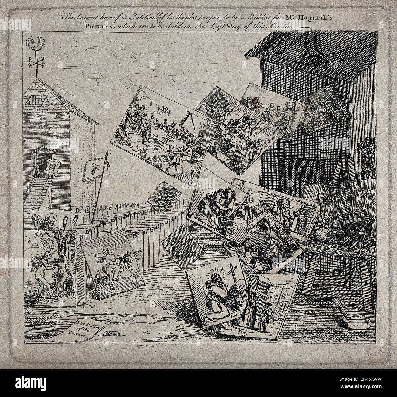 The battle of the pictures: between an auction house and Hogarth's studio, old master paintings are lined up in ranks outnumbering and attacking Hogarth's contemporary counterparts. Etching by W. Hogarth. Stock Photo