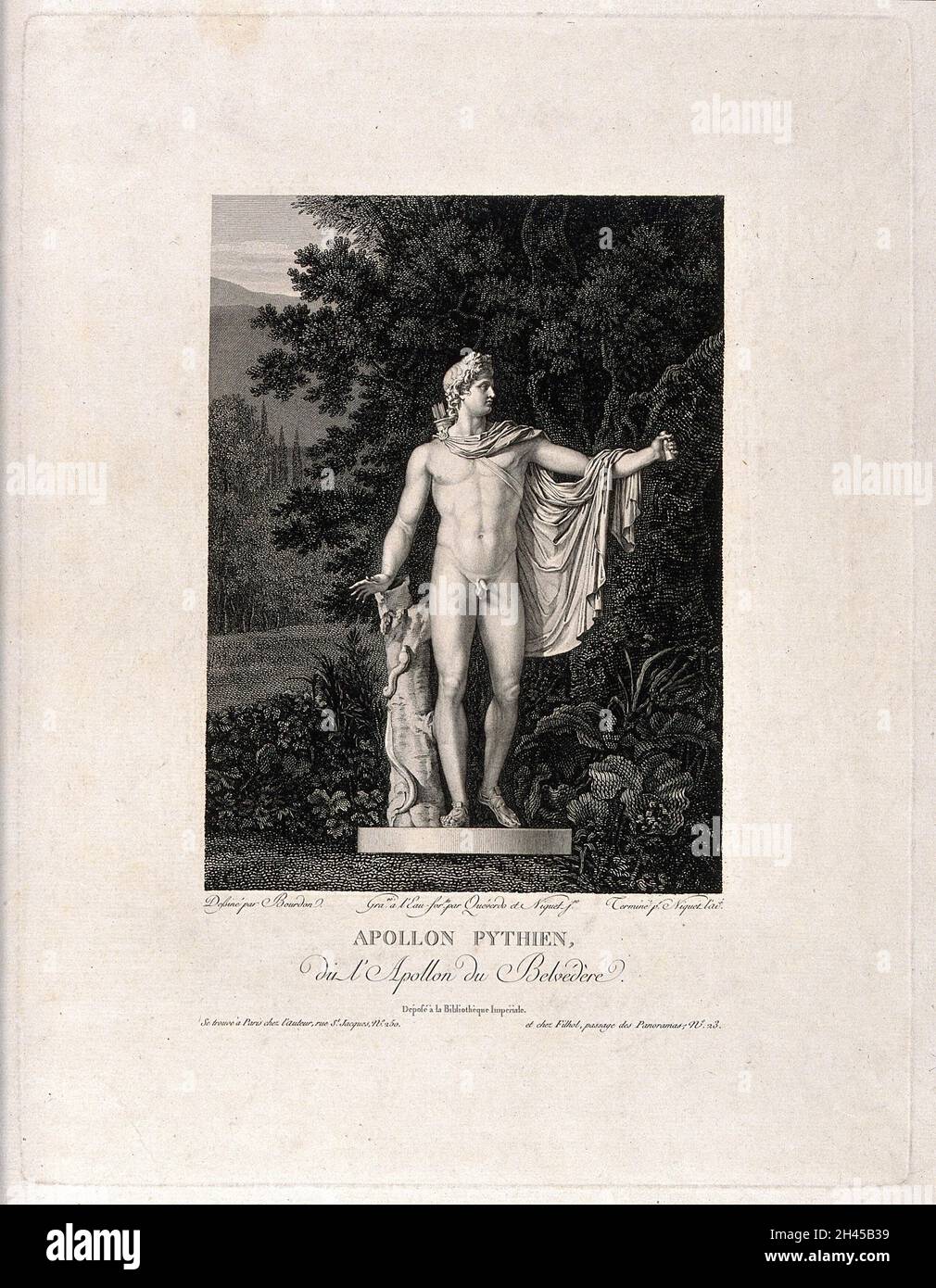 Apollo. Etching by L.M.Y. Quéverdo and Niquet the younger and engraving by C. Niquet after Bourdon. Stock Photo