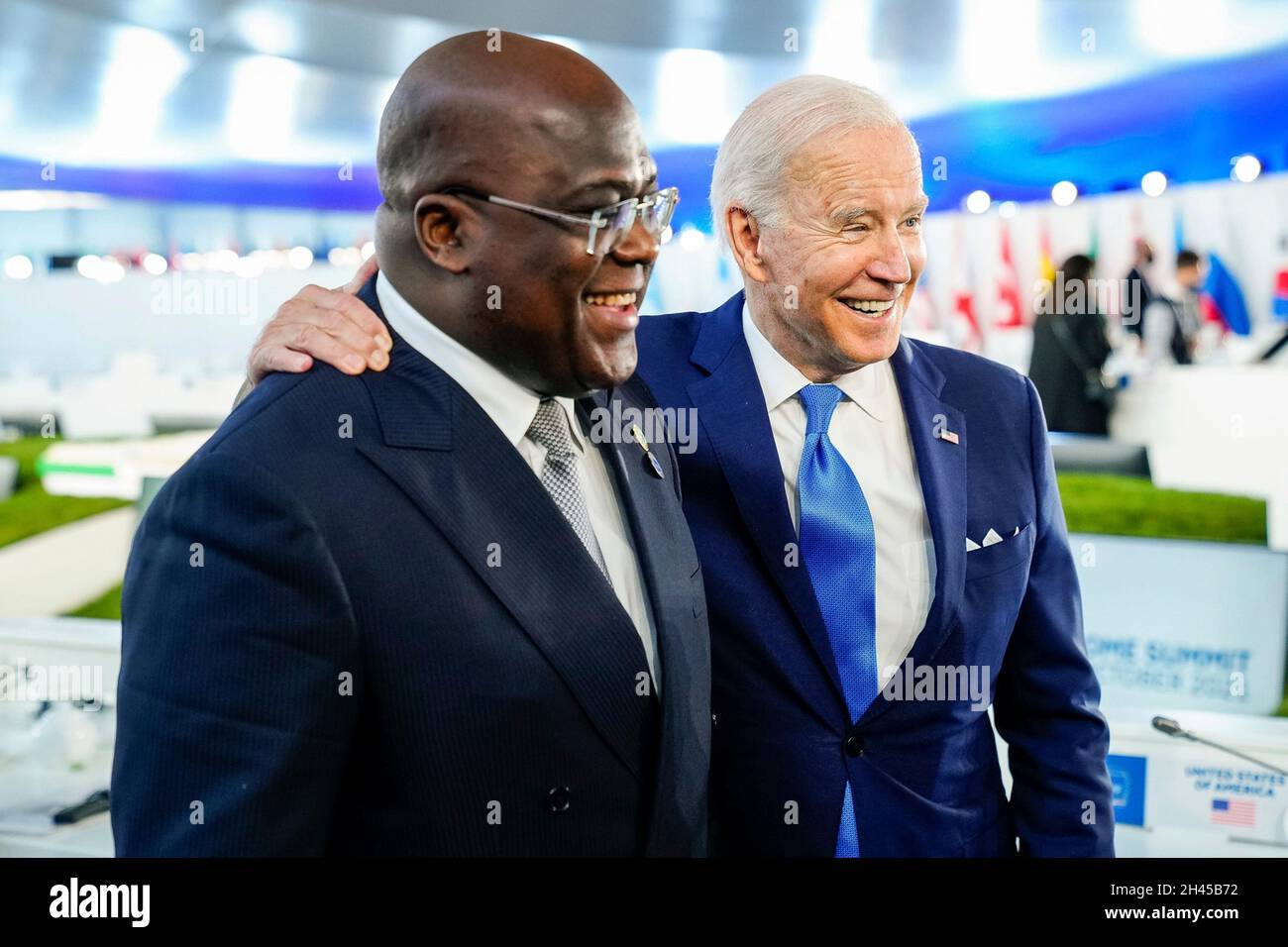 Rome, Italy. 31st Oct, 2021. U.S President Joe Biden poses with Democratic Republic of the Congo President Felix Tshisekedi, during the second day of the G20 Summit in the La Nuvola Conference Center, October 31, 2021 in Rome, Italy. Credit: Adam Schultz/White House Photo/Alamy Live News Stock Photo