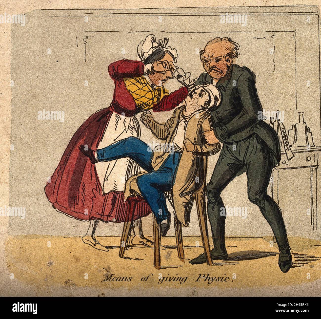 A doctor restraining a young man while a lady funnel-feeds his medicine