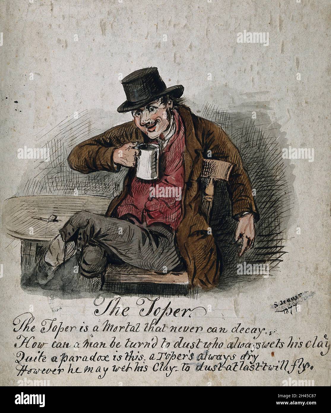 A drunkard wearing a hat, seated, drinking. Watercolour and ink by S. Jenner, 1877. Stock Photo