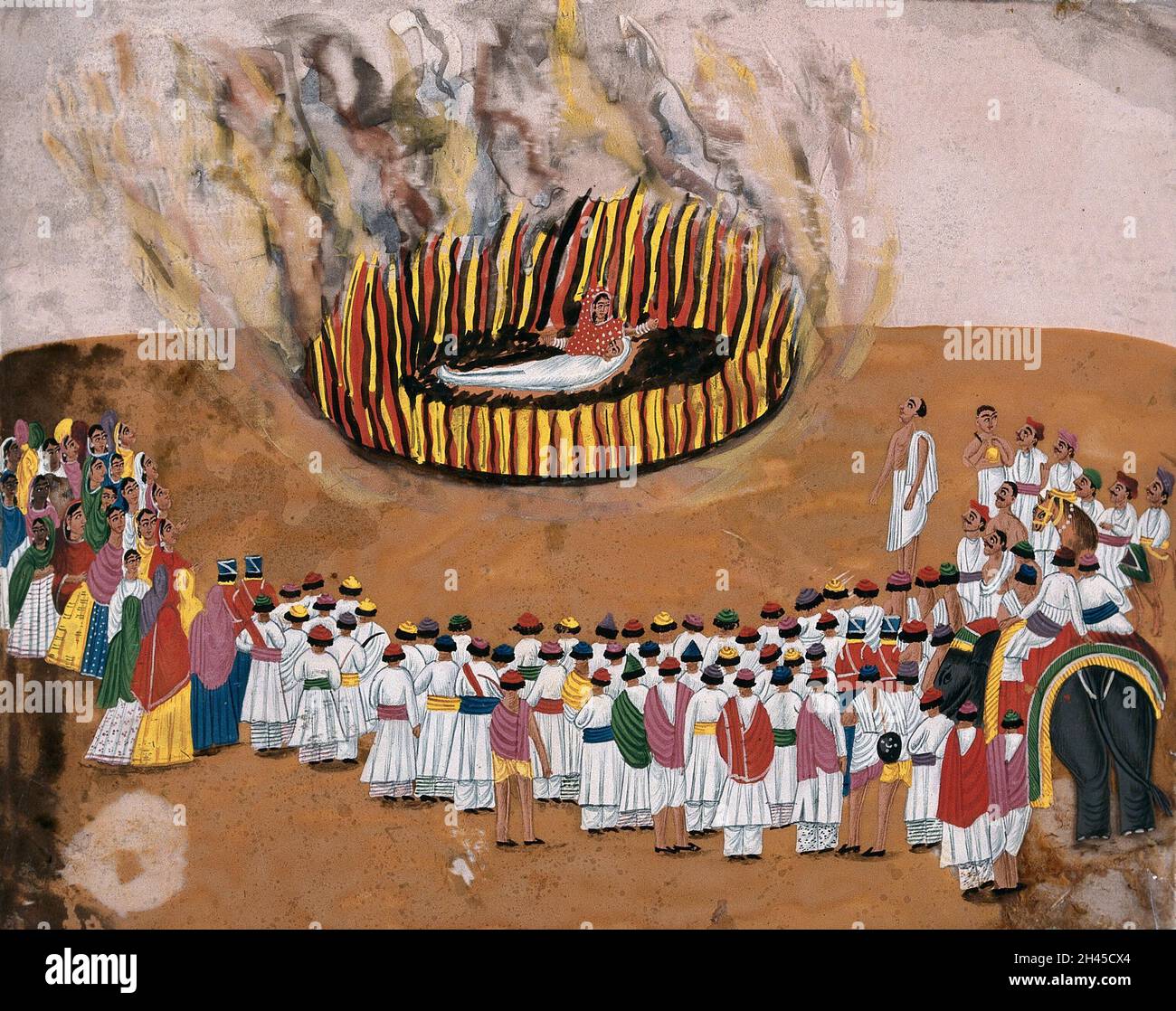 Sati (suttee): a widow immolating herself on her husband's funeral pyre, as a group of people look on. Gouache painting on mica by an Indian artist. Stock Photo