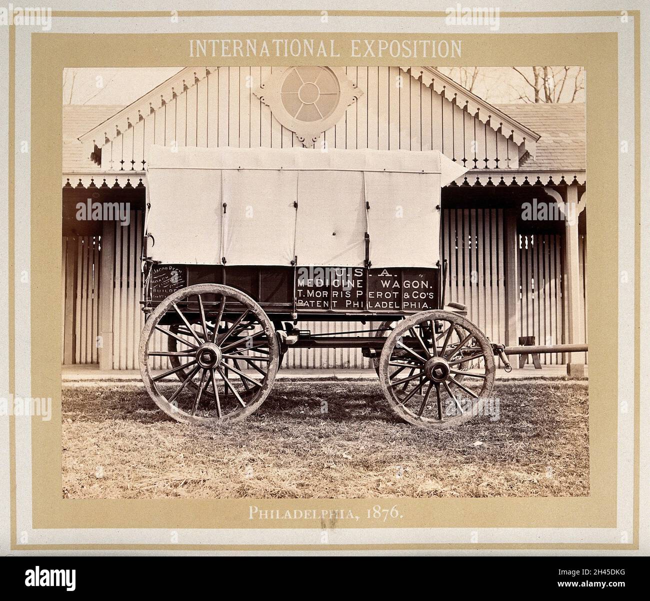 Philadelphia International Exposition, 1876: American Civil War medicine wagon produced by T. Morris Perot and Company: side view. Photograph, 1876. Stock Photo