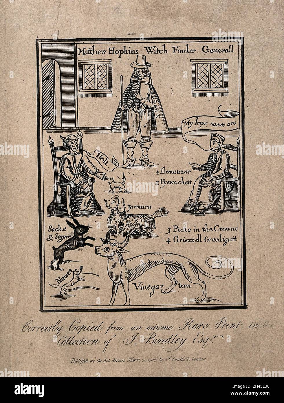 Matthew Hopkins, Witchfinder general, with two supposed witches calling out the names of their demons, some of which are represented by animals. Etching, 1792, after an earlier woodcut. Stock Photo