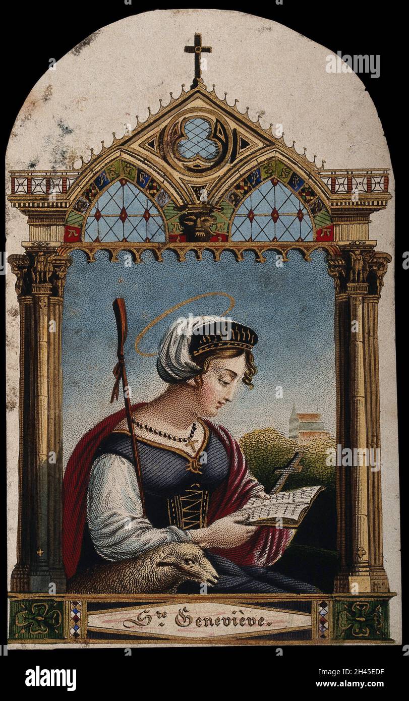 Saint Geneviève seated under a Gothic canopy, holding the Bible; a lamb