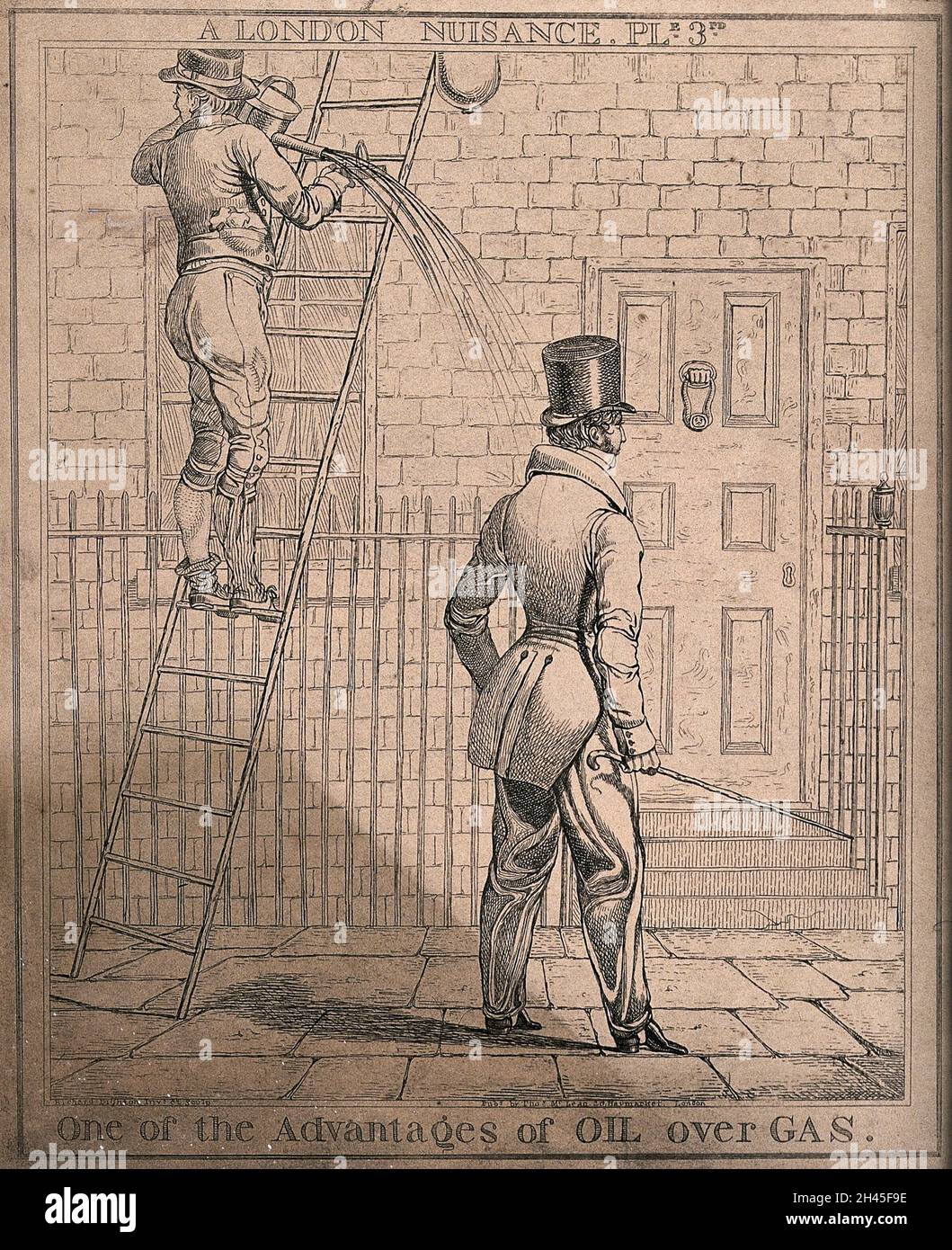 Oil is spilling on to a man as he walks by the ladder of the lamplighter. Etching by Richard Dighton, 1821. Stock Photo