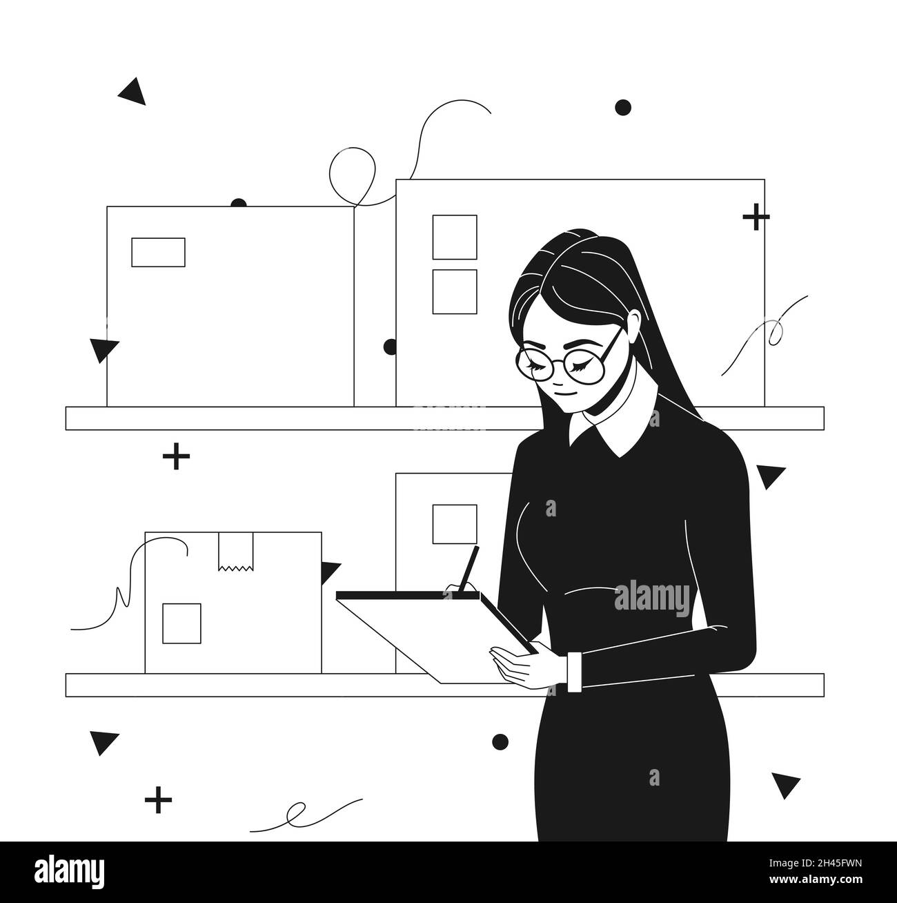Black and white style Woman worker organizing inventory and stock in warehouse. flat design elements vector illustration Stock Vector