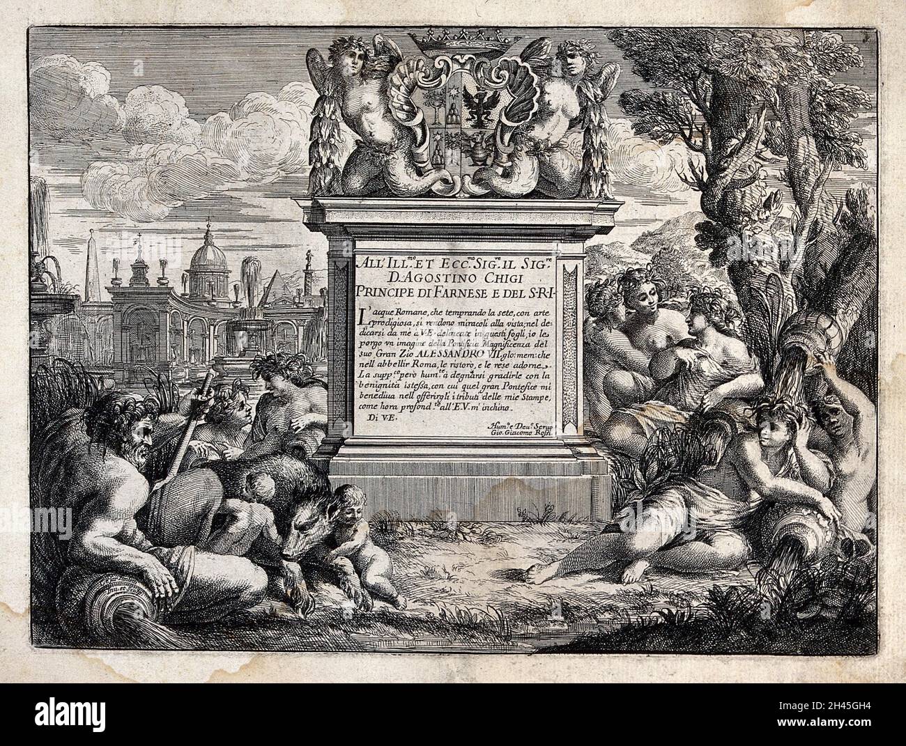 2 Waters Rome Allegory of the waters of Rome. Engraving by C. Fantetti, c. 1675 Stock ...