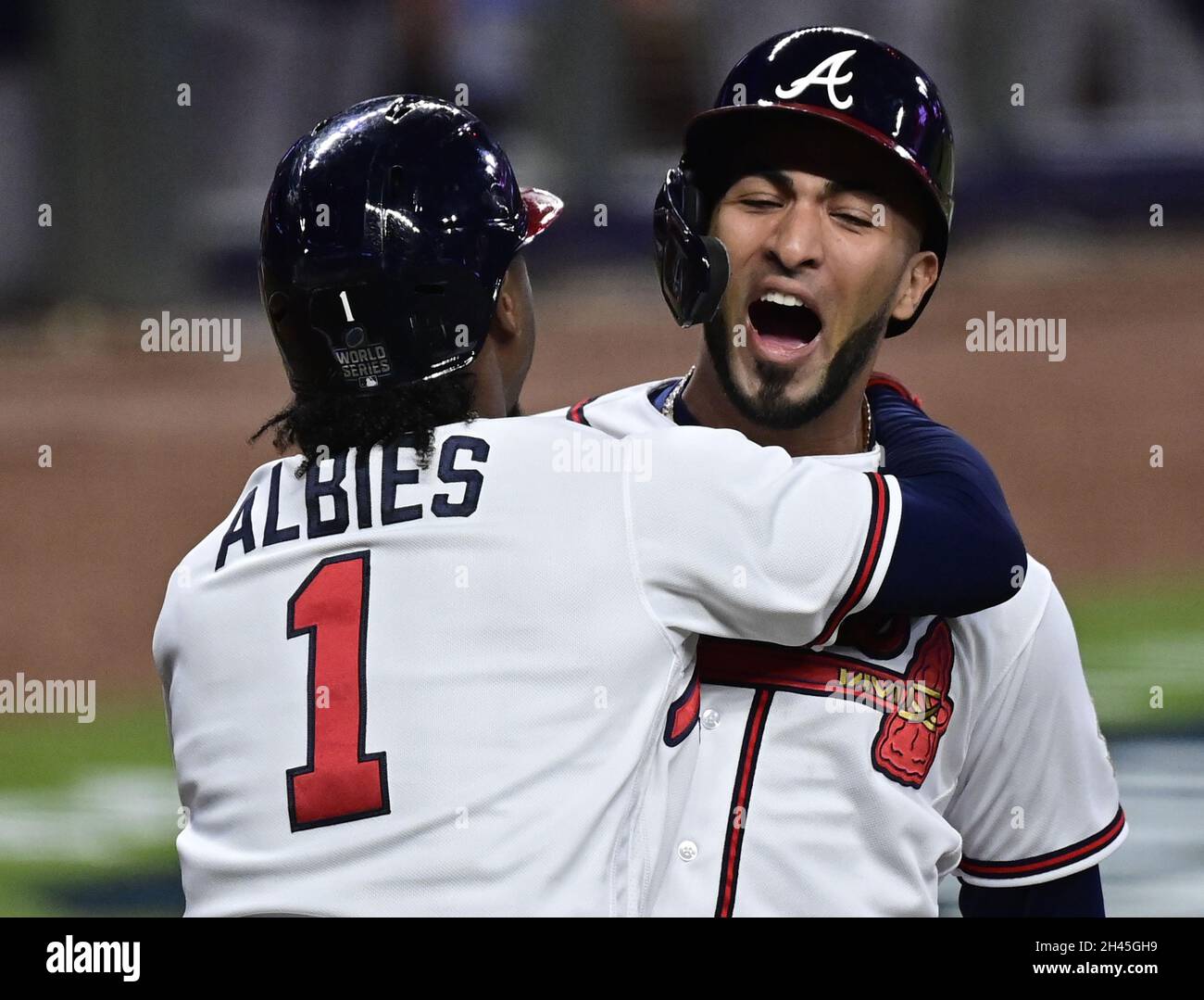 Atlanta, United States. 31st Oct, 2021. Atlanta Braves center fielder Adam  Duvall (14) celebrates with teammates Eddie Rosario (C) and Ozzie Albies  after hitting a grand slam homer against the Houston Astros