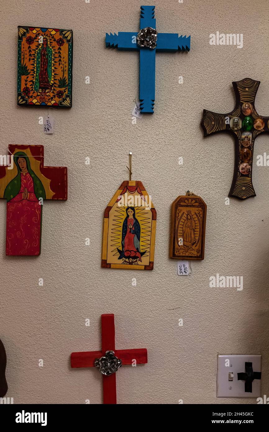 religious icons for sale in gift shop of San Felipe de Neri  Church, Old Town Albuquerque, New Mexico Stock Photo