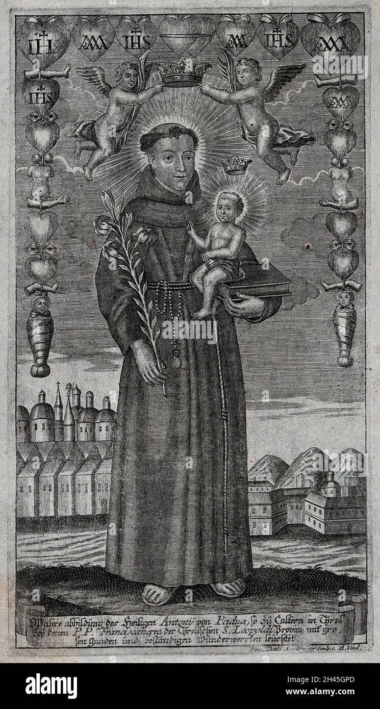 Saint Antony of Padua. Line engraving by S. Sondermayr. Stock Photo