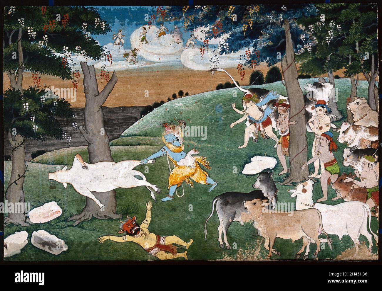 Krishna slaying a demon with the aid of a cow, is watched by several cowherds with Indian deities in the distance. Gouache painting, ca. 1800. Stock Photo