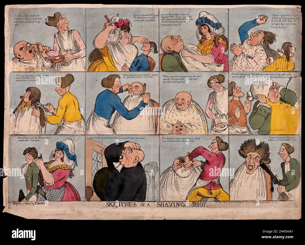 Men being shaved and having their hair cut, styled and crimped by various male and female barbers. Coloured etching by R. Newton after himself, 1791. Stock Photo