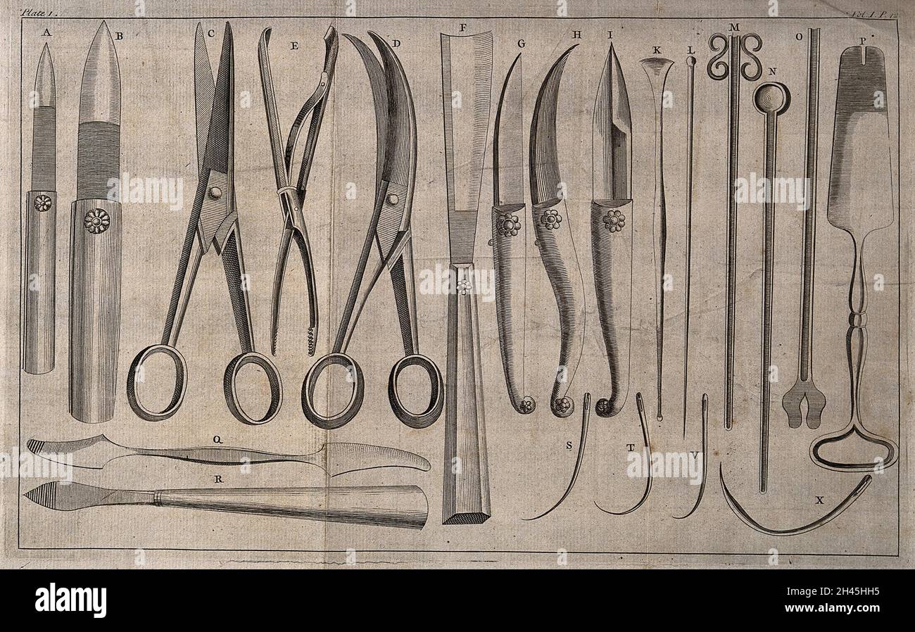 Surgical instruments. Engraving with etching Stock Photo Alamy