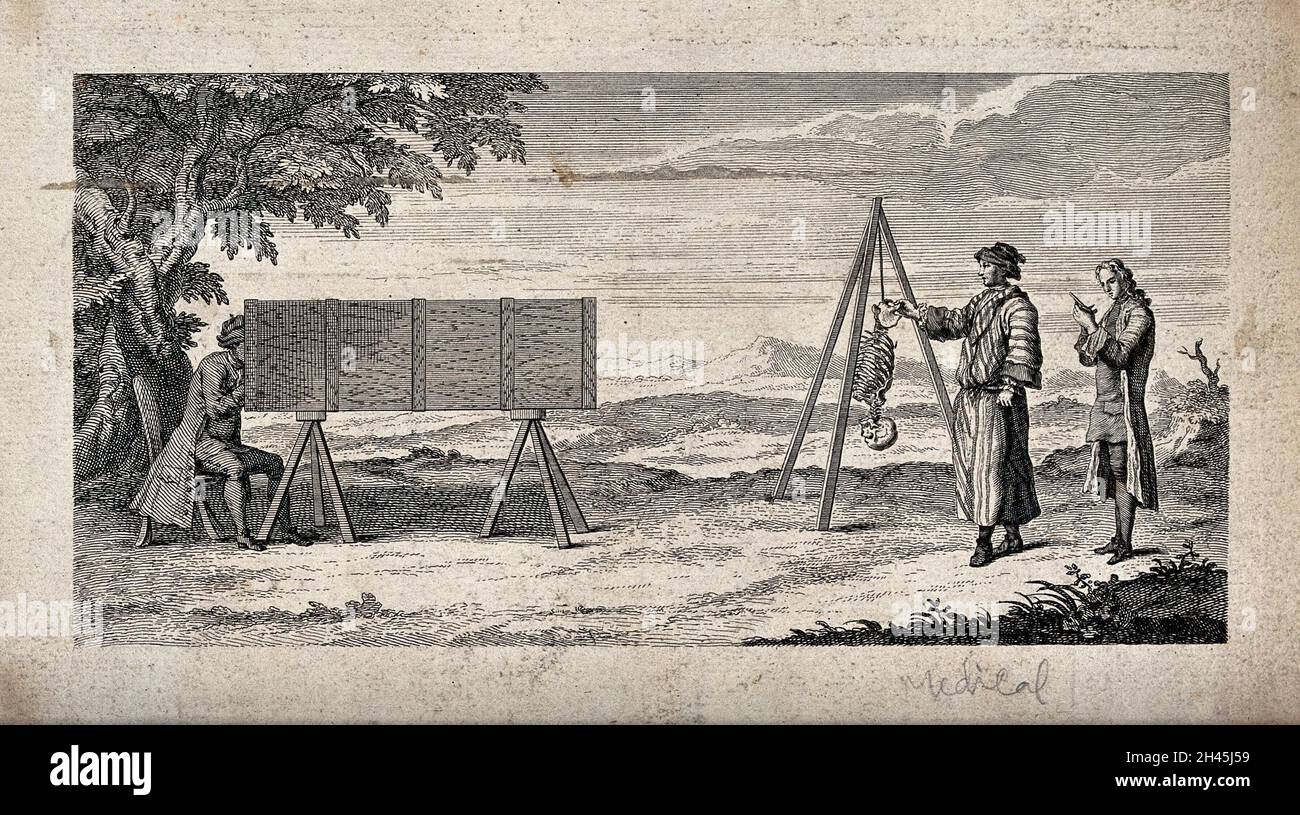 A seated man looking through a camera obscura at half a skeleton