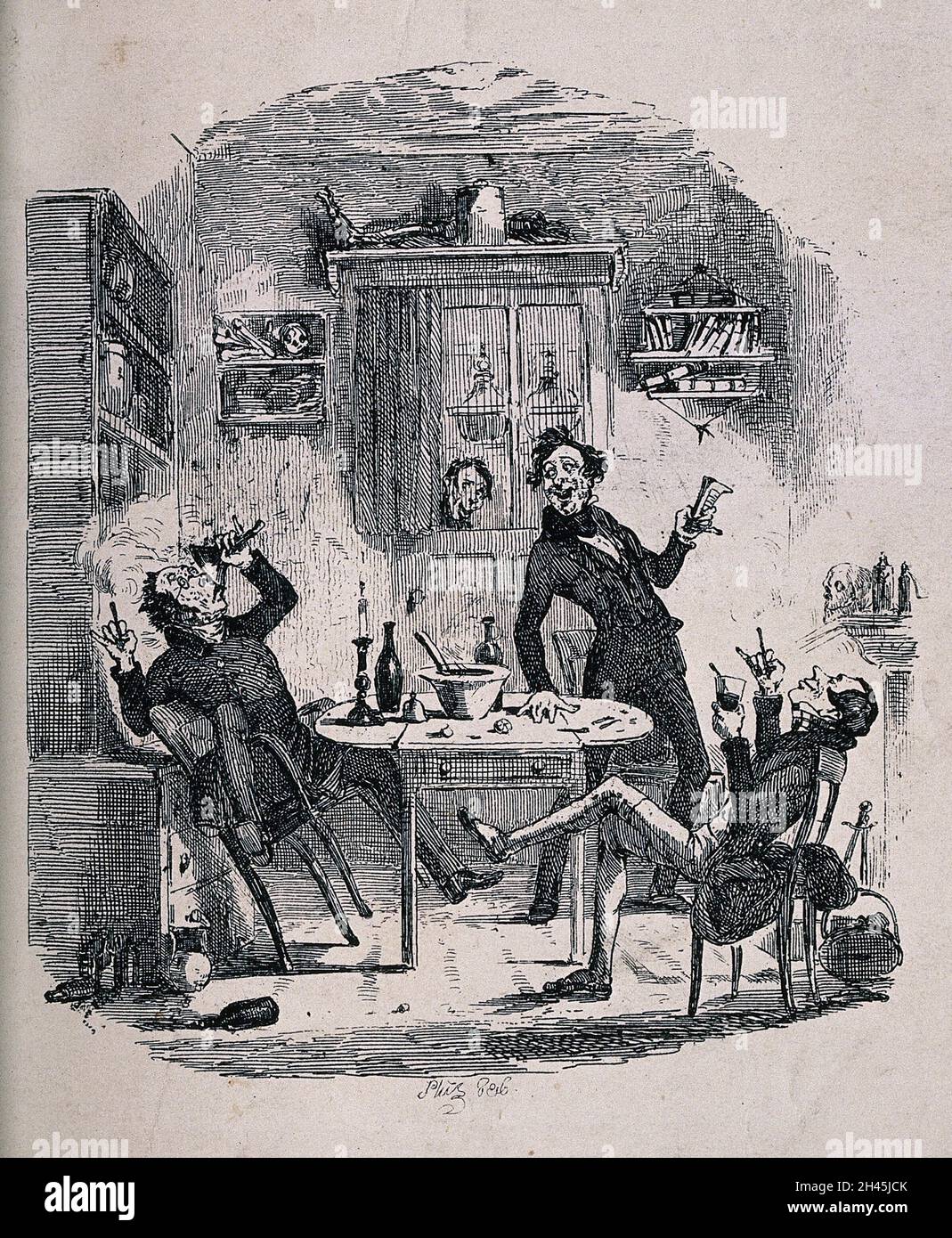 Three drunken men carousing round a kitchen table. Etching, c. 1836 ...