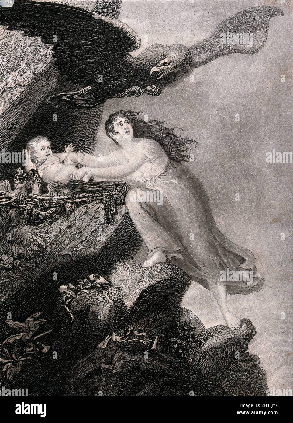A woman is being attacked by an eagle as she attempts to rescue her baby from the eagle's nest where it has been taken as possible food for the young birds. Mezzotint and etching after G. Dawe. Stock Photo