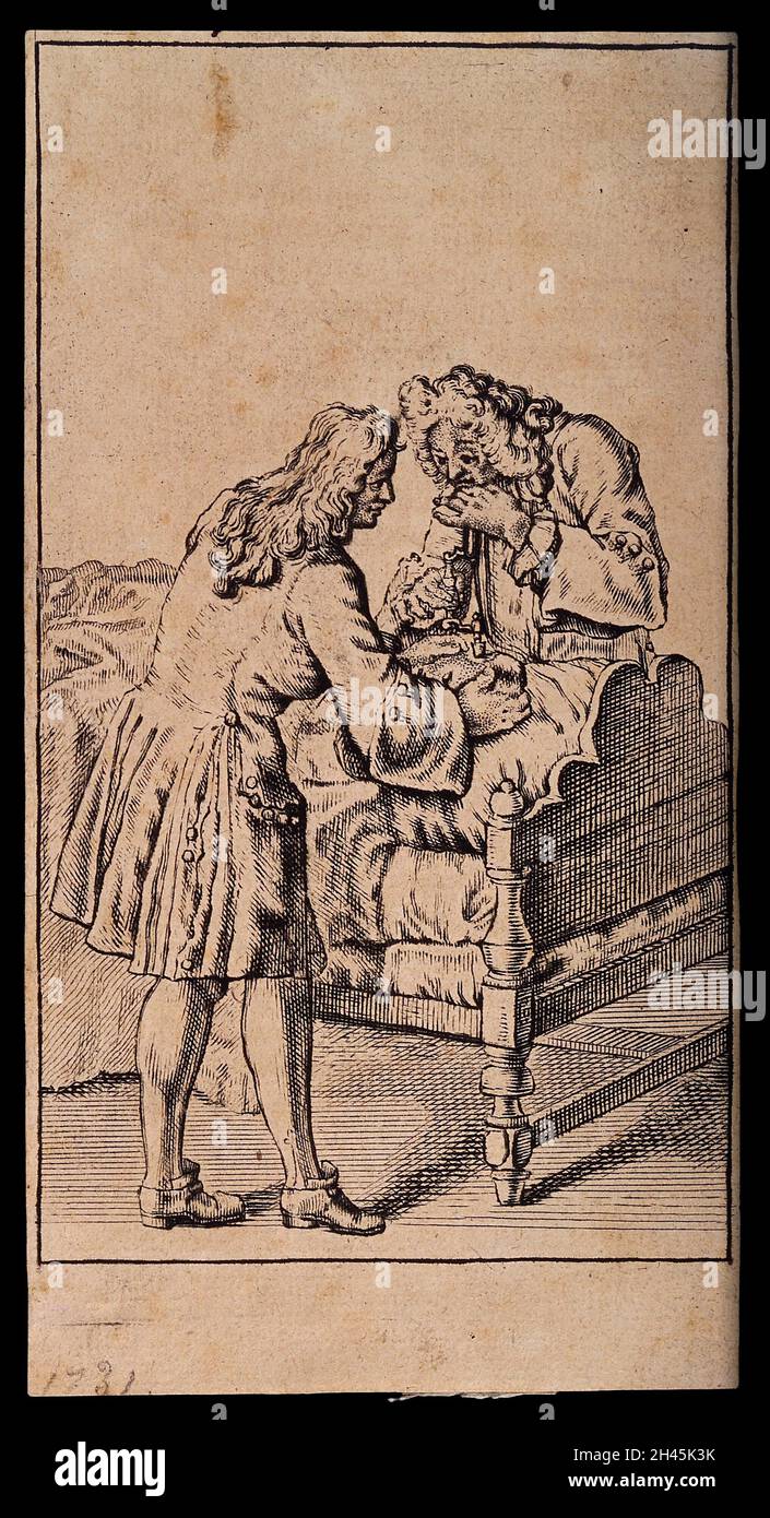 A surgeon and his assistant operating on a patient's head and using a drill to perform the trephination. Engraving, 1731. Stock Photo