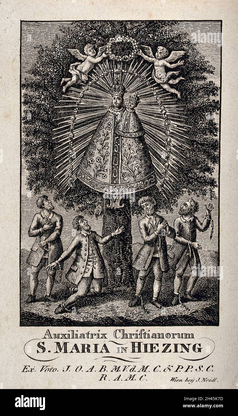 The Virgin of Succour, Saint Mary of Hietzing, in a tree, being venerated by freed prisoners. Etching. Stock Photo