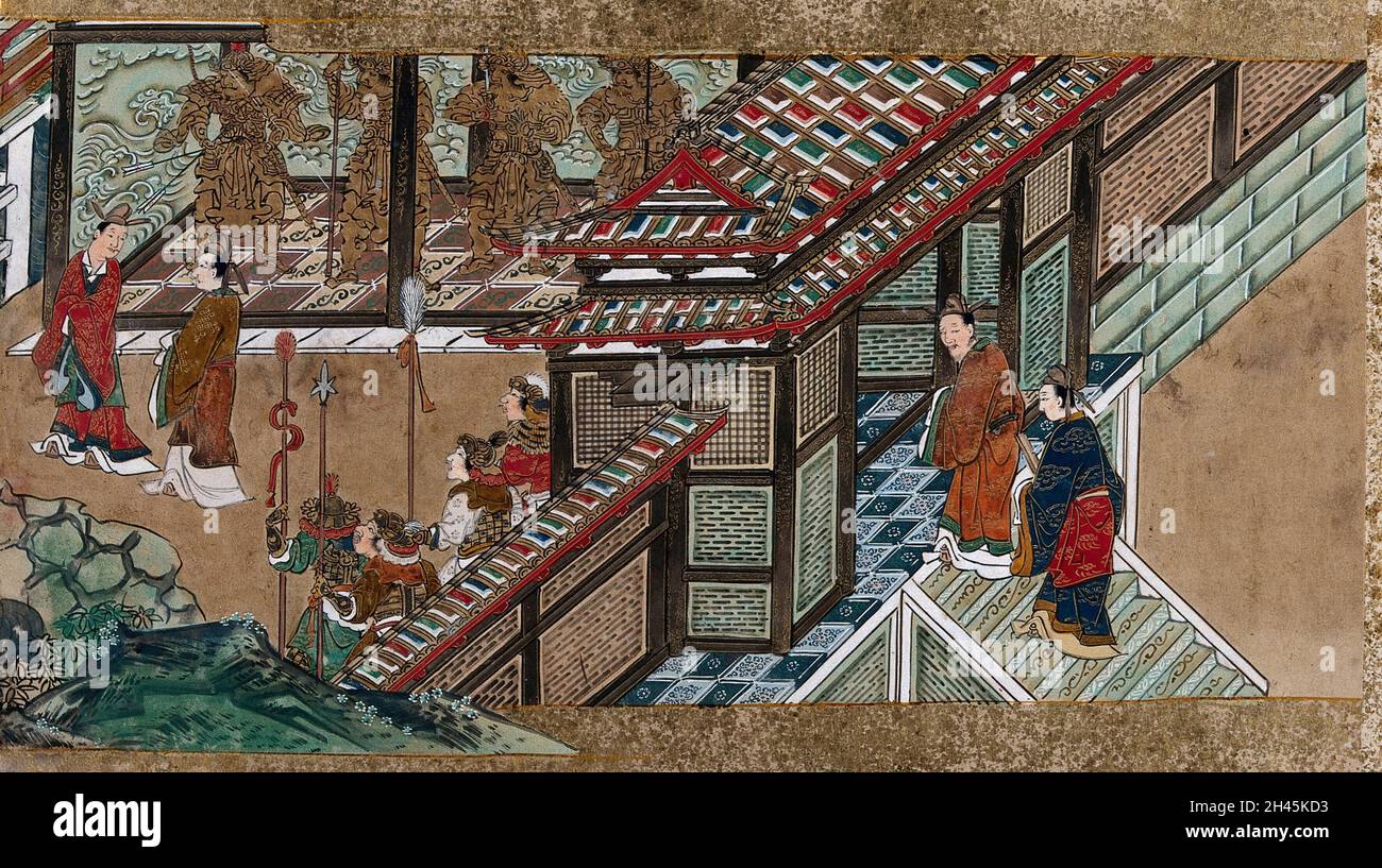 Two Chinese nobles arrive at a palace complex, the vestibule of which ...
