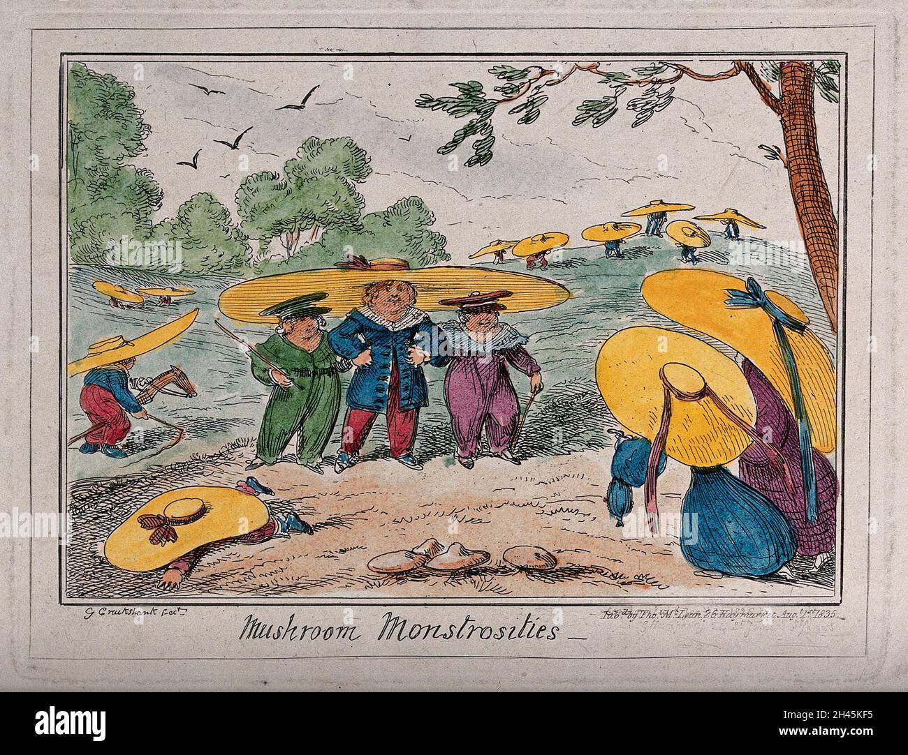 Young children wearing enormously wide-brimmed hats as they play in the fields. Coloured etching by George Cruikshank. Stock Photo